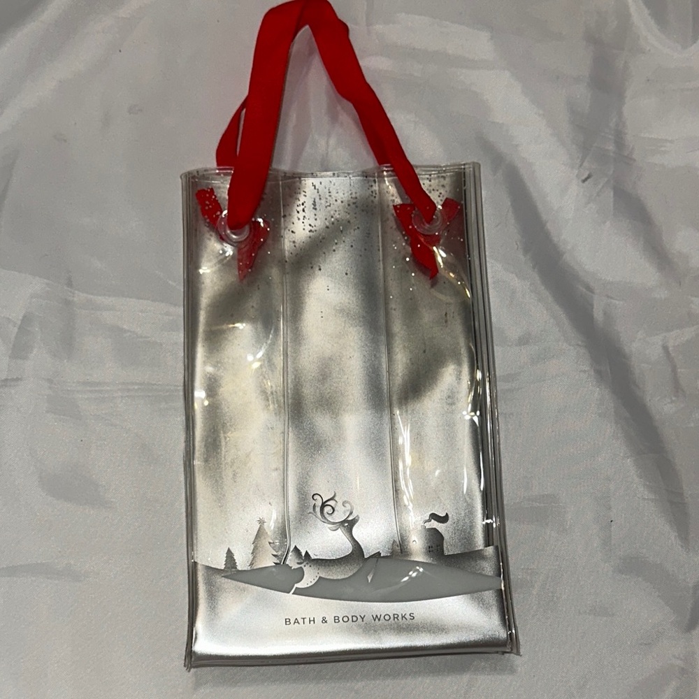 Bath & Body Works Silver Clear Gift Bag Red Handles‎ Reindeer Holiday Christmas